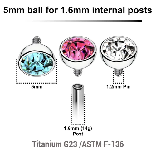 YYB16J5H Pack of 10 high polished titanium half jewel balls with bezel set crystal with 5mm diameter for 1.6mm internally threaded posts