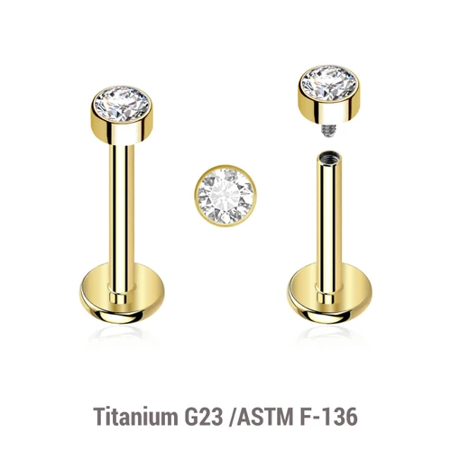 ULB12X23 Pack of 5 Gold PVD plated titanium internally threaded labrets, Thickness 1.2mm, with 3mm round disk top with bezel set crystal, Thread size 0.9mm