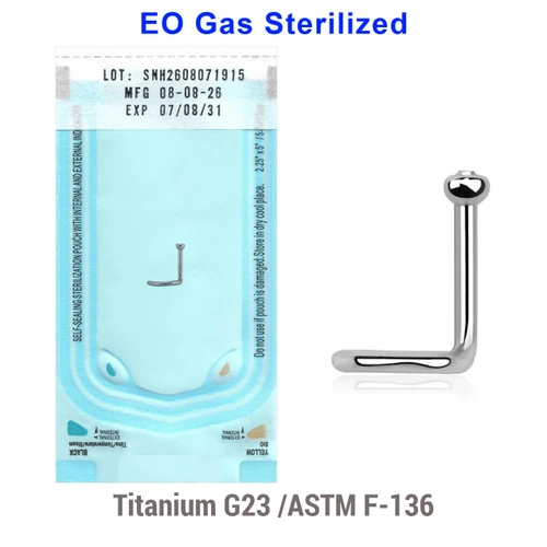 WNS01BJ2 Sterilized body piercing pack of 10 Titanium G23 nose screws with 2mm rounded top with bezel set crystal, thickness 1mm