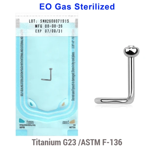 WNS01BJ25 Sterilized body piercing pack of 10 Titanium G23 nose screws with 2.5mm rounded top with bezel set crystal, thickness 1mm