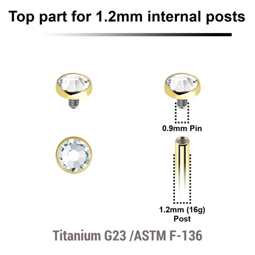 UTP12FJ3 Pack of 5 Gold PVD plate titanium Internally threaded flat disk labret tops with bezel set crystal, size 3mm, internal thread size 0.9mm