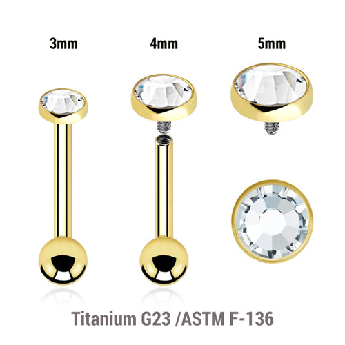 UBA12FJS Pack of 5 Gold PVD plated titanium internally threaded tragus barbells, Thickness 1.2mm, with a flat bezel set crystal top and a lower 3mm plain ball