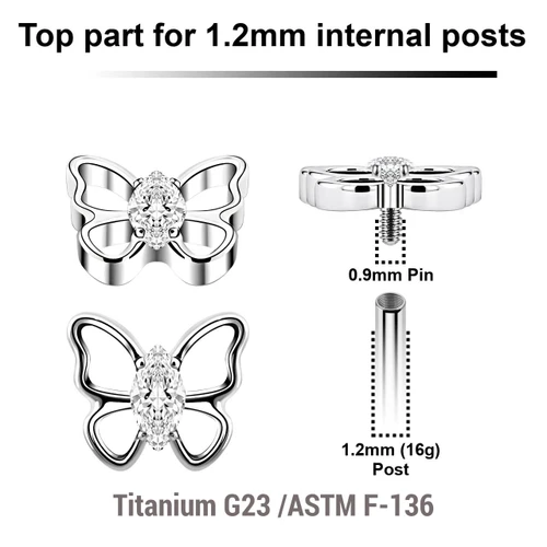 YTP12X40 Pack of 5 Titanium Internally threaded labret tops with a butterfly design with CZ body