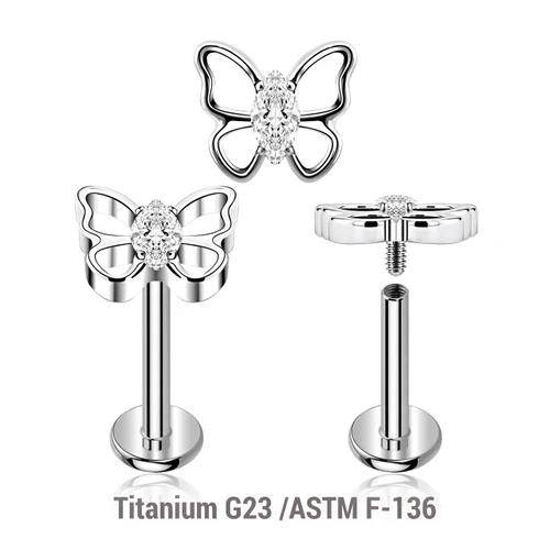 YLB12X40 Pack of 5 high polished titanium internally threaded labrets, Thickness 1.2mm, with a top in a butterfly design with CZ body