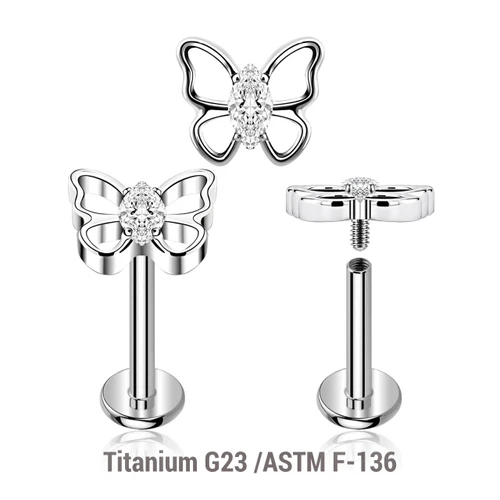 YLB12X40 Pack of 5 high polished titanium internally threaded labrets, Thickness 1.2mm, with a top in a butterfly design with CZ body