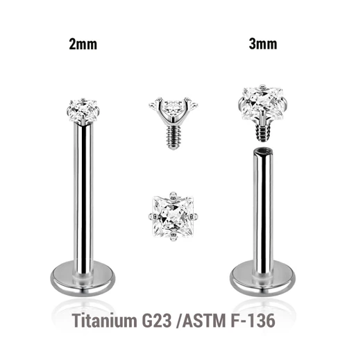 YLB12CZQ Pack of 10 high polished titanium internally threaded labrets, Thickness 1.2mm, with a prong set square shaped CZ stones