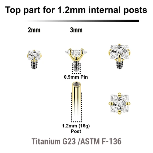 UTP12CZQ Pack of 10 Gold PVD plated titanium square prong set CZ attachments for 1.2mm internally threaded items, Thread size 0.9mm
