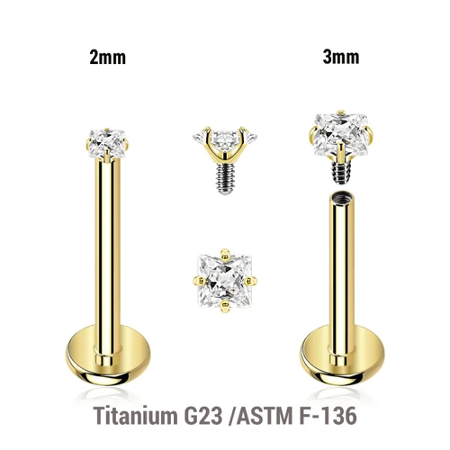 ULB12CZQ Pack of 5 Gold PVD plated titanium internally threaded labrets, Thickness 1.2mm, with a top prong set square CZ stone