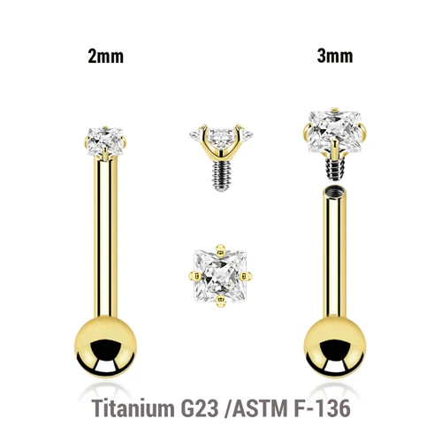 UBA12CZQS Pack of 5 Gold PVD plated titanium internally threaded barbells, Thickness 1.2mm, with a top prong set square CZ stone and a lower 3mm plain ball