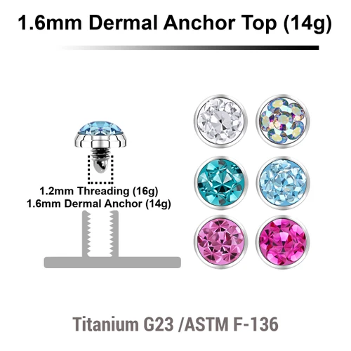 TDT14FC3 Pack of 10 ASTM F-136 Titanium 3mm flat disk dermal anchor tops with ferido glued crystal with epoxy resin cover, internal thread size 1.2mm for 1.6mm (14g) dermal anchors