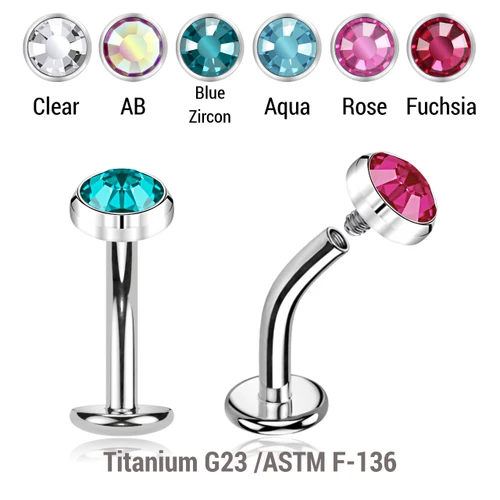 YCL16FJ Pack of 5 high polished Titanium ASTM F-136 internally threaded floating belly labrets with convex base plate, Thickness 1.6mm with flat disk top with bezel set crystal