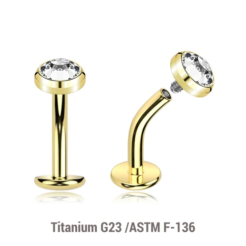UCL16FJ Pack of 5 Gold PVD plated Titanium ASTM F-136 internally threaded floating belly labrets with convex base plate, Thickness 1.6mm with flat disk top with bezel set crystal