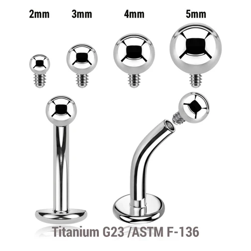 YCL16B Pack of 5 high polished Titanium ASTM F-136 internally threaded floating belly labrets with convex base plate, Thickness 1.6mm with plain ball top