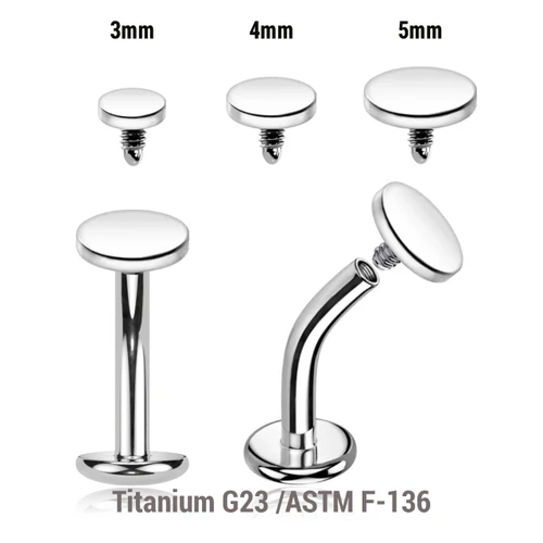 YCL16D Pack of 5 high polished Titanium ASTM F-136 internally threaded floating belly labrets with convex base plate, Thickness 1.6mm with flat disk top