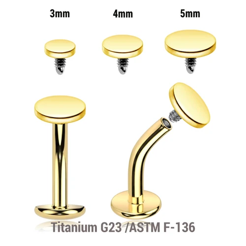 UCL16D Pack of 5 Gold PVD plated Titanium ASTM F-136 internally threaded floating belly labrets with convex base plate, Thickness 1.6mm with flat disk top