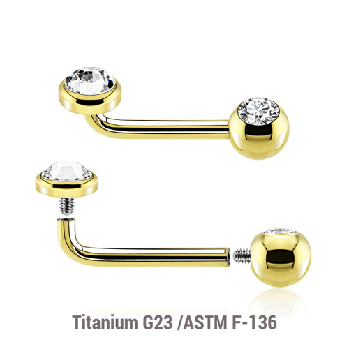 UBL16J5FJ5 Pack of 5 Gold PVD plated Titanium ASTM F-136 internally threaded Christina barbells, thickness 1.6mm with 2.5mm rise and upper 5mm flat disk jewel top and lower 5mm upward facing jewel ball