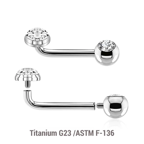 YBL16J5FC5 Pack of 5 high polished Titanium ASTM F-136 internally threaded Christina barbells, thickness 1.6mm with 2.5mm rise and upper 5mm flat disk top with ferido glued crystal with epoxy resin cover and a lower 5mm upward facing jewel ball