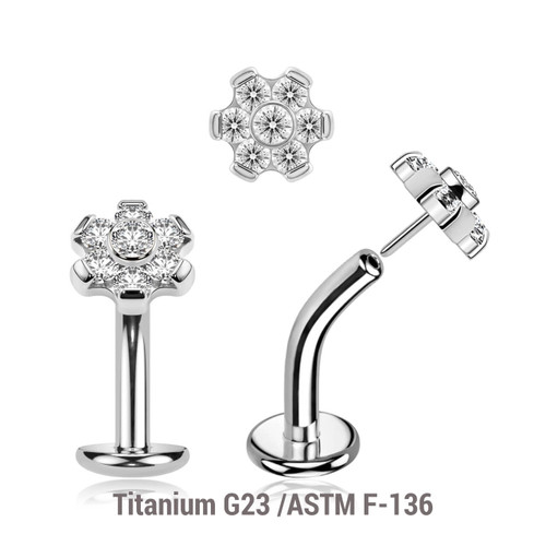 KCL16X01U Pack of 5 high polished Titanium ASTM F-136 threadless floating belly labrets with convex base plate, Thickness 1.6mm with 5mm flower shaped top with prong set CZ stones