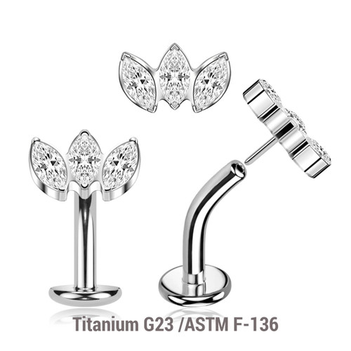 KCL16X03U Pack of 5 high polished Titanium ASTM F-136 threadless floating belly labrets with convex base plate, Thickness 1.6mm with a top with 3 marquis cut prong set CZ stones