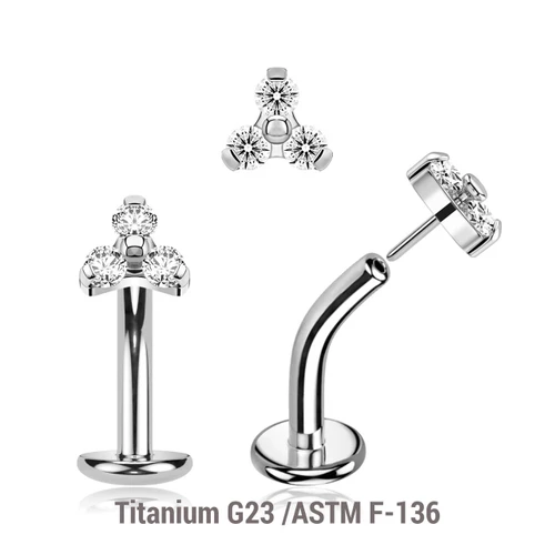 KCL16X07U Pack of 5 high polished Titanium ASTM F-136 threadless floating belly labrets with convex base plate, Thickness 1.6mm with a trinity top with three 2mm prong set CZ stones