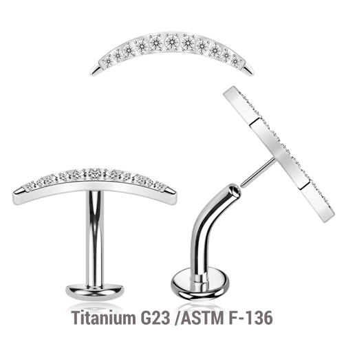 KCL16X18U Pack of 5 high polished Titanium ASTM F-136 threadless floating belly labrets with convex base plate, Thickness 1.6mm with a CZ studded crescent moon top