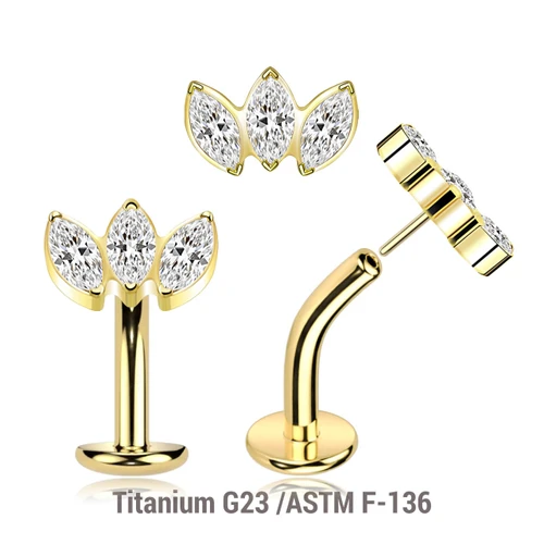 LCL16X03U Pack of 5 Gold Pvd plated Titanium ASTM F-136 threadless floating belly labrets with convex base plate, Thickness 1.6mm with a top with 3 marquis cut prong set CZ stones