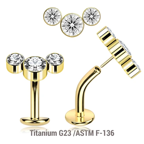 LCL16X08U Pack of 5 Gold Pvd plated Titanium ASTM F-136 threadless floating belly labrets with convex base plate, Thickness 1.6mm with an elongated top with three bezel set crystals