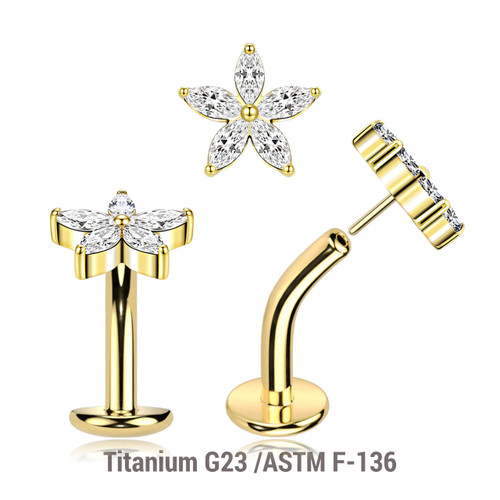 LCL16X11U Pack of 5 Gold Pvd plated Titanium ASTM F-136 threadless floating belly labrets with convex base plate, Thickness 1.6mm with a flower top with 5 CZ petals