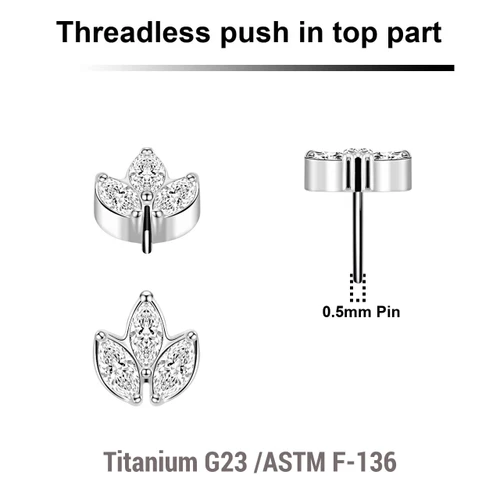 KTP05X15 Pack of 5 Titanium ASTM F-136 threadless push in labret tops with leaf shaped top with 3 marquis cut prong set CZ stones