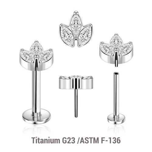 KLBXXX15 Pack of 5 high polished Titanium ASTM F-136 threadless push in labrets with a leaf shaped top with 3 marquis cut prong set CZ stones