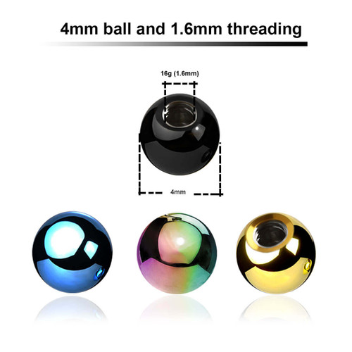 PYB16N4 Piercing studio supplies: Pack of 25 PVD plated 316L steel balls with 4mm diameter and a 1.6mm threading