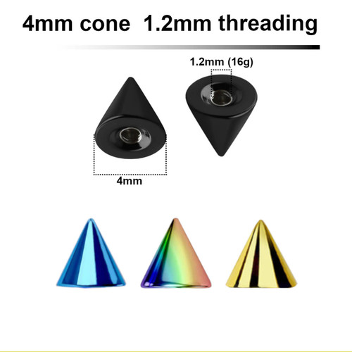 PYC12N4 Piercing studio supplies: Pack of 25 PVD plated 316L steel cones with 4mm diameter and a 1.2mm threading PYC12N4 Piercing studio supplies: Pack of 25 PVD plated 316L steel cones with 4mm diameter and a 1.2mm threading