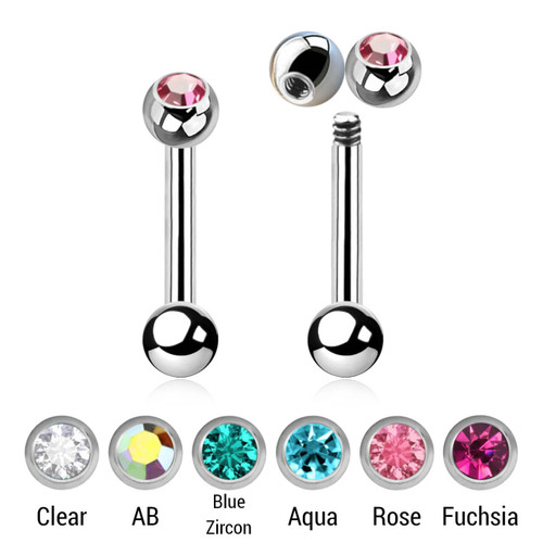 SBA12BJ3S Pack of 10 surgical steel tragus barbells, Thickness 1.2mm, with a top 3mm bezel set crystal ball and a lower 3mm plain ball SBA12BJ3S Pack of 10 surgical steel tragus barbells, Thickness 1.2mm, with a top 3mm bezel set crystal ball and a lower 3mm plain ball