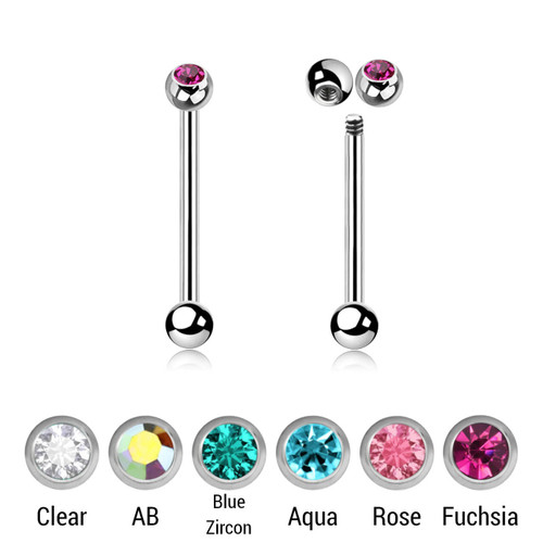 SBA16BJ4S Pack of 10 surgical steel tongue barbells, Thickness 1.6mm, with a top 4mm bezel set crystal ball and a lower 4mm plain ball SBA16BJ4S Pack of 10 surgical steel tongue barbells, Thickness 1.6mm, with a top 4mm bezel set crystal ball and a lower 4mm plain ball