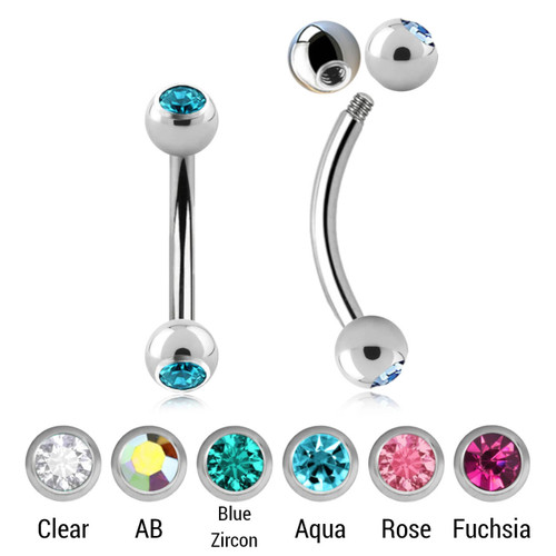 SBN12BJ3 Pack of 10 surgical steel eyebrow bananas, Thickness 1.2mm, with two 3mm bezel set crystal balls SBN12BJ3 Pack of 10 surgical steel eyebrow bananas, Thickness 1.2mm, with two 3mm bezel set crystal balls