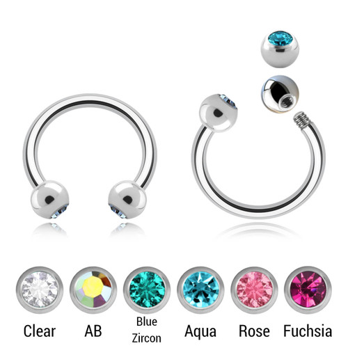 SCB12BJ3 Pack of 10 surgical steel circular barbells, Thickness 1.2mm, with two 3mm bezel set crystal balls