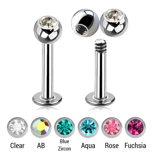 SLB16BJ4 Pack of 10 surgical steel labrets, Thickness 1.6mm, with 4mm bezel set crystal ball SLB16BJ4 Pack of 10 surgical steel labrets, Thickness 1.6mm, with 4mm bezel set crystal ball