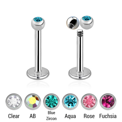 SLB12BJ25 Pack of 10 surgical steel labrets, Thickness 1.2mm, with 2.5mm bezel set crystal ball