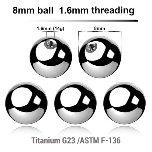 TYB16N8 Piercing studio supplies: Pack of 25 high polished titanium G23 balls with 8mm diameter and a 1.6mm threading