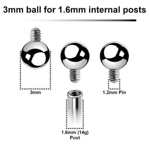 FYB16N3 Pack of 25 high polished surgical steel balls with 3mm diameter for 1.6mm internally threaded post FYB16N3 Pack of 25 high polished surgical steel balls with 3mm diameter for 1.6mm internally threaded post