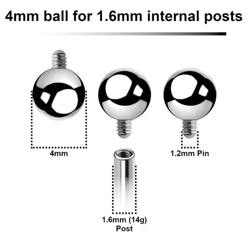 FYB16N4 Pack of 25 high polished surgical steel balls with 4mm diameter for 1.6mm internally threaded post FYB16N4 Pack of 25 high polished surgical steel balls with 4mm diameter for 1.6mm internally threaded post