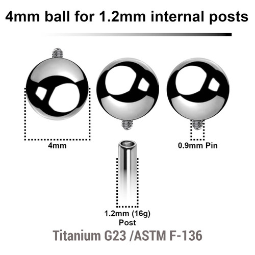 YYB12N4 Pack of 25 high polished titanium balls with 4mm diameter for 1.2mm internally threaded post YYB12N4 Pack of 25 high polished titanium balls with 4mm diameter for 1.2mm internally threaded post