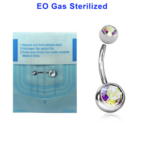 ZBN16BJ58 Sterilized body piercing pack of 10 surgical steel belly bananas, Thickness 1.6mm, with 5 mm + 8 mm bezel set crystal balls ZBN16BJ58 Sterilized body piercing pack of 10 surgical steel belly bananas, Thickness 1.6mm, with 5 mm + 8 mm bezel set crystal balls