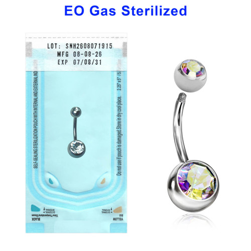 ZBN16BJ58 Sterilized body piercing pack of 10 surgical steel belly bananas, Thickness 1.6mm, with 5 mm + 8 mm bezel set crystal balls
