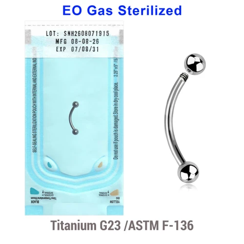 WBN12B3 Sterilized body jewelry pack of 10 titanium G23 eyebrow bananas, Thickness 1.2mm, Ball size 3mm
