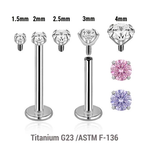 YLB12CZ Pack of 10 high polished titanium internally threaded labrets, Thickness 1.2mm, with prong set CZ stones