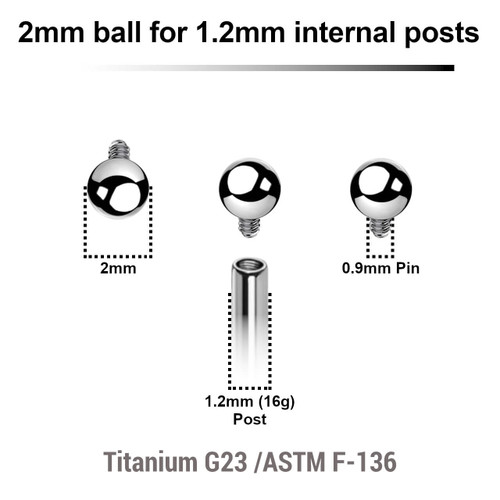 YYB12N2 Pack of 25 high polished titanium balls with 2mm diameter for 1.2mm internally threaded post YYB12N2 Pack of 25 high polished titanium balls with 2mm diameter for 1.2mm internally threaded post