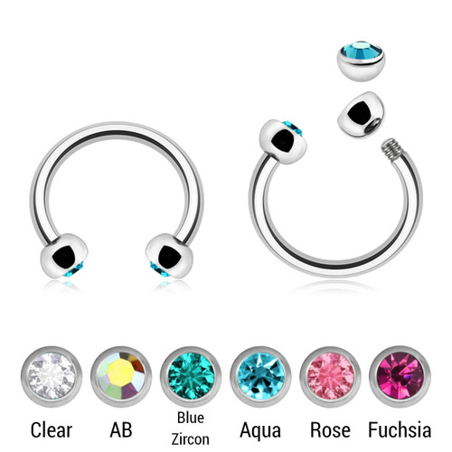 SCB12BJ3H Pack of 10 surgical steel circular barbells, Thickness 1.2mm, with two 3mm steel half balls with a bezel set crystal