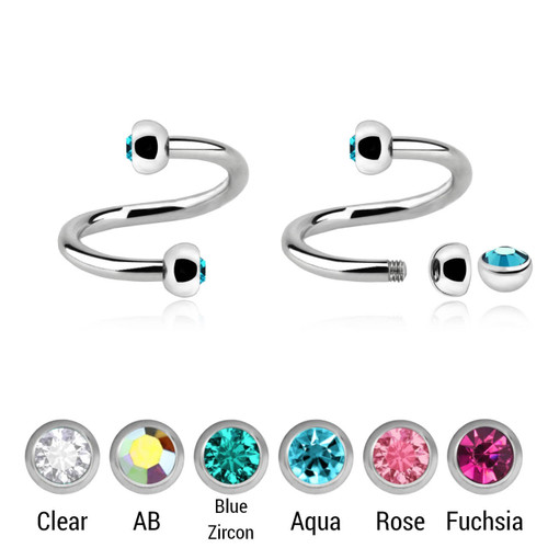SSP12BJ3H Pack of 10 surgical steel spirals, Thickness 1.2mm, with two 3mm steel half balls with a bezel set crystal