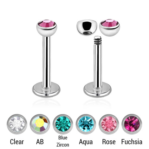 SLB12BJ3H Pack of 10 surgical steel labrets, Thickness 1.2mm, with a top 3mm steel half ball with a bezel set crystal SLB12BJ3H Pack of 10 surgical steel labrets, Thickness 1.2mm, with a top 3mm steel half ball with a bezel set crystal